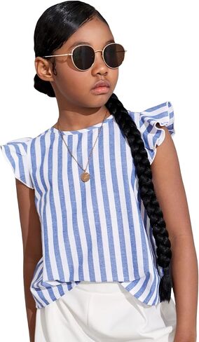 WDIRARA Girl's Striped Ruffle Trim Cap Sleeve Button Back Blouse Casual Top in Saudi Arabia