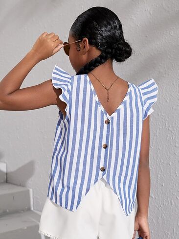 WDIRARA Girl's Striped Ruffle Trim Cap Sleeve Button Back Blouse Casual Top in Saudi Arabia