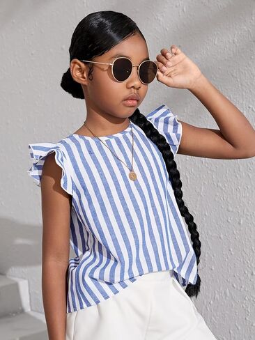 WDIRARA Girl's Striped Ruffle Trim Cap Sleeve Button Back Blouse Casual Top in Saudi Arabia