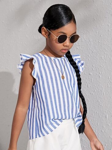 WDIRARA Girl's Striped Ruffle Trim Cap Sleeve Button Back Blouse Casual Top in Saudi Arabia