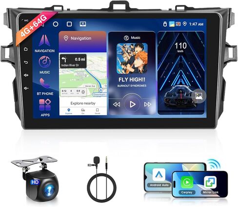 2G+64G لسيارة Toyota Corolla 2009-2013 راديو السيارة مع Carplay اللاسلكي/Android Auto، Android Car Stereo 9 بوصة شاشة تعمل باللمس نظام تحديد المواقع العالمي واي فاي بلوتوث FM/RDS مرآة Link SWC كاميرا احتياطية in Kuwait