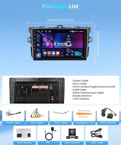 2G+64G لسيارة Toyota Corolla 2009-2013 راديو السيارة مع Carplay اللاسلكي/Android Auto، Android Car Stereo 9 بوصة شاشة تعمل باللمس نظام تحديد المواقع العالمي واي فاي بلوتوث FM/RDS مرآة Link SWC كاميرا احتياطية in Kuwait