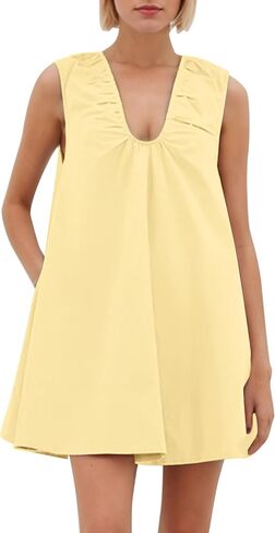 MISSACTIVER Women's Sleeveless Babydoll Tank Mini Dress Scoop Neck Ruched Short Dress with Side Pockets Summer Party Dresses in Saudi Arabia
