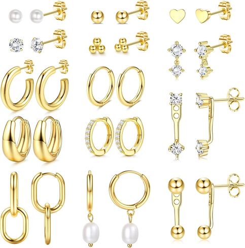 BESTEEL 14Pairs Small Gold Hoop Earrings Set for Women - 14K Gold Plated Hypoallergenic Lightweight Chunky Open Huggie Hoops Dainty Cartilage Stud Hoop Earring Stacks for Multiple Piercing in Saudi Arabia