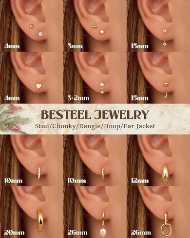 BESTEEL 14Pairs Small Gold Hoop Earrings Set for Women - 14K Gold Plated Hypoallergenic Lightweight Chunky Open Huggie Hoops Dainty Cartilage Stud Hoop Earring Stacks for Multiple Piercing in Saudi Arabia