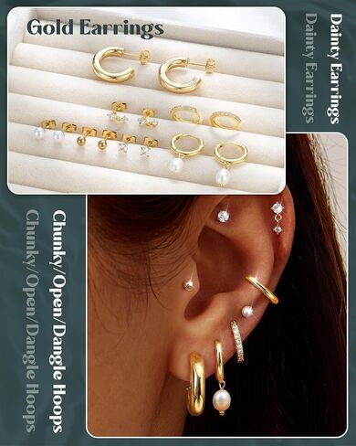 BESTEEL 14Pairs Small Gold Hoop Earrings Set for Women - 14K Gold Plated Hypoallergenic Lightweight Chunky Open Huggie Hoops Dainty Cartilage Stud Hoop Earring Stacks for Multiple Piercing in Saudi Arabia