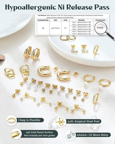BESTEEL 14Pairs Small Gold Hoop Earrings Set for Women - 14K Gold Plated Hypoallergenic Lightweight Chunky Open Huggie Hoops Dainty Cartilage Stud Hoop Earring Stacks for Multiple Piercing in Saudi Arabia