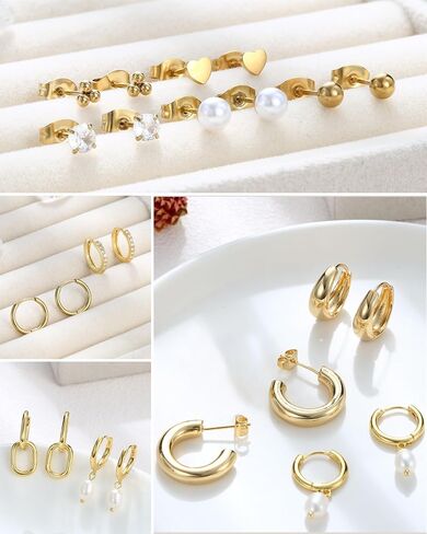BESTEEL 14Pairs Small Gold Hoop Earrings Set for Women - 14K Gold Plated Hypoallergenic Lightweight Chunky Open Huggie Hoops Dainty Cartilage Stud Hoop Earring Stacks for Multiple Piercing in Saudi Arabia