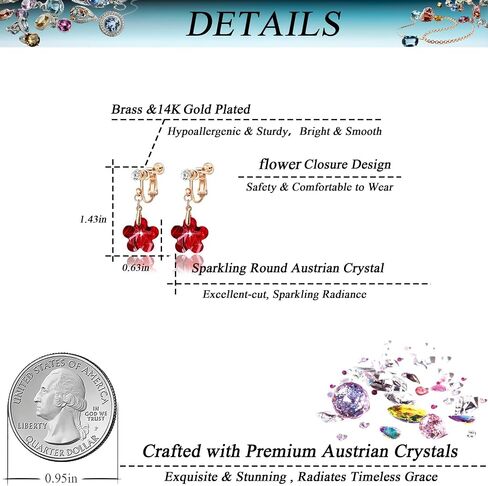 Austrian Crystal Flower Drop Clip On Earrings for Women Non Pierced 14K Rose Gold Plated Hypoallergenic Dangle Earring Jewelry in Kuwait