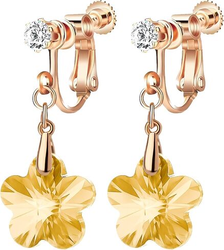 Austrian Crystal Flower Drop Clip On Earrings for Women Non Pierced 14K Rose Gold Plated Hypoallergenic Dangle Earring Jewelry in Kuwait