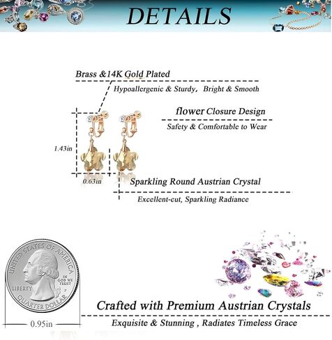 Austrian Crystal Flower Drop Clip On Earrings for Women Non Pierced 14K Rose Gold Plated Hypoallergenic Dangle Earring Jewelry in Kuwait