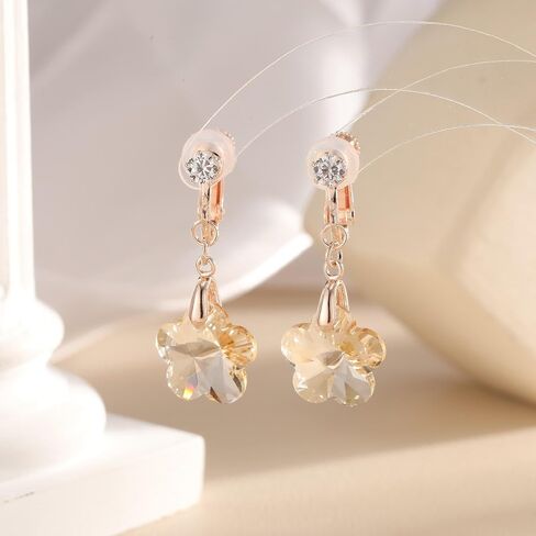 Austrian Crystal Flower Drop Clip On Earrings for Women Non Pierced 14K Rose Gold Plated Hypoallergenic Dangle Earring Jewelry in Kuwait