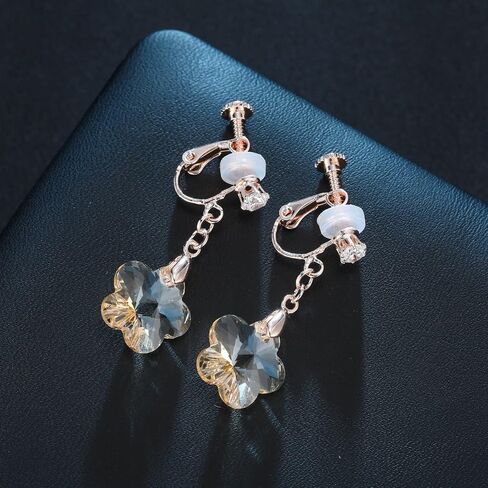 Austrian Crystal Flower Drop Clip On Earrings for Women Non Pierced 14K Rose Gold Plated Hypoallergenic Dangle Earring Jewelry in Kuwait