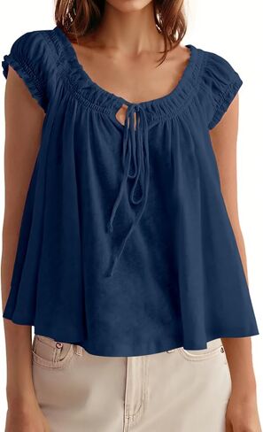 Tankaneo Women Summer Tie Tie Tops Tops Cap Sleeve Plateed Babydoll قمم in Saudi Arabia