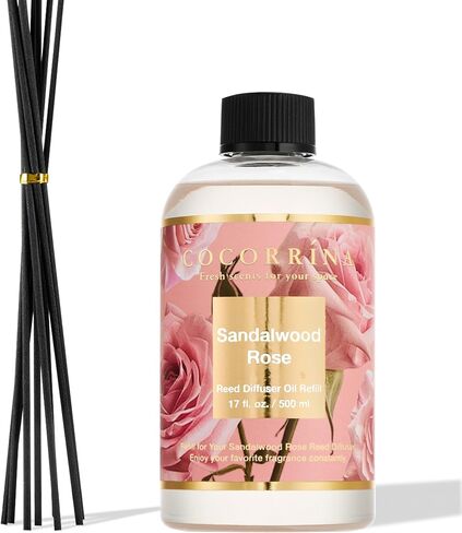 Cocorrína Reed Diffuser Oil Refill Sandalwood Rose 16.9oz (500ml) with 8 Sticks - Premium Long-Lasting Floral Essential Oil, Home Fragrance for Bedroom, Bathroom Home Decor in Saudi Arabia