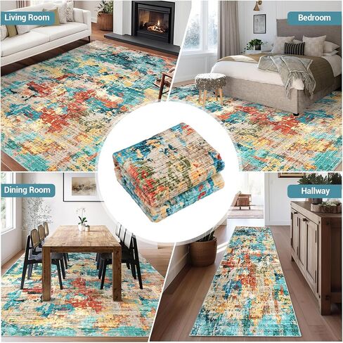 Large 6x9 Area Rugs for Living Room, Boho Abstract Washable Bedroom Rug Non-Slip Low Pile Area Rug Throw Carpet for Dining Room Home, Blue in Kuwait