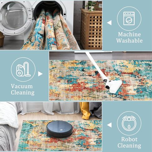Large 6x9 Area Rugs for Living Room, Boho Abstract Washable Bedroom Rug Non-Slip Low Pile Area Rug Throw Carpet for Dining Room Home, Blue in Kuwait