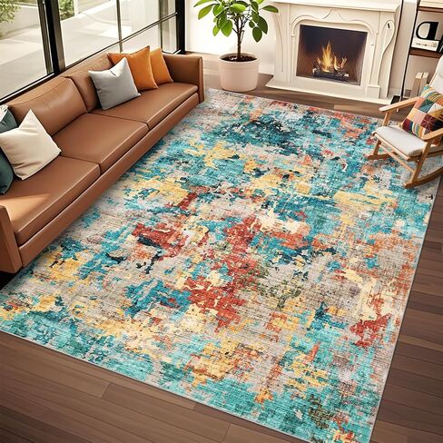 Large 6x9 Area Rugs for Living Room, Boho Abstract Washable Bedroom Rug Non-Slip Low Pile Area Rug Throw Carpet for Dining Room Home, Blue in Kuwait