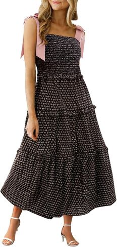 Wenrine Womens Summer Floral Maxi Dress Smocked Tie -Counter Boho Slicfeless Tier Dressed Dresses Dust Dressed in Saudi Arabia