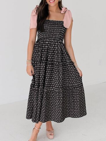 Wenrine Womens Summer Floral Maxi Dress Smocked Tie -Counter Boho Slicfeless Tier Dressed Dresses Dust Dressed in Saudi Arabia