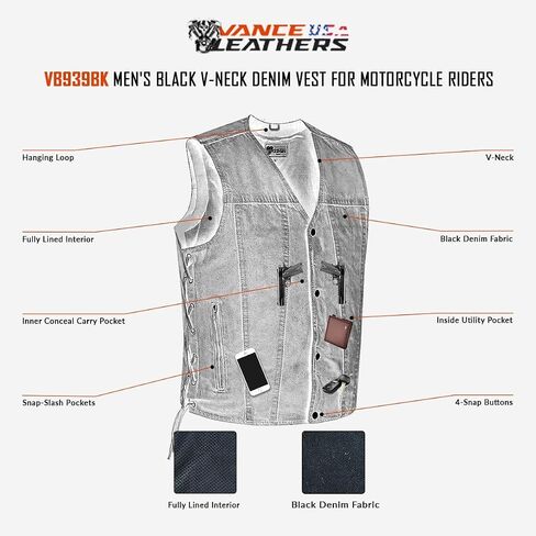 Vance Men's V-Neck Denim Vest for Motorcycle Riders with Conceal Carry Pockets in Saudi Arabia