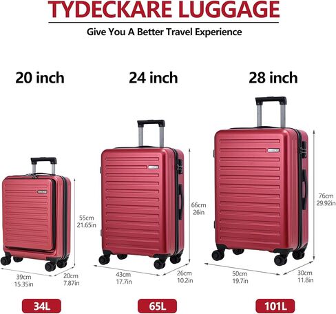 3Pcs (20/24/28) Luggage Set, HardShell Lightweight, Only 20" with Front Pocket, 21.65*15.35*7.87" Fits Overhead Cabin, 24" (26*17.7*10.2") and 28" (19.68*11.81*29.92") Checked Luggage, Red in Kuwait