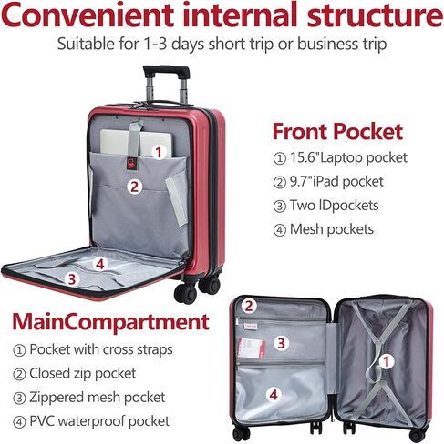 3Pcs (20/24/28) Luggage Set, HardShell Lightweight, Only 20" with Front Pocket, 21.65*15.35*7.87" Fits Overhead Cabin, 24" (26*17.7*10.2") and 28" (19.68*11.81*29.92") Checked Luggage, Red in Kuwait