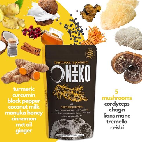 ONIIKO Mushroom Supplement with Turmeric +++ 5 Functional Mushroom Extracts (1500mg/Serving), 1-Month Supply (30 x 6g Servings) / (6.35oz / 180g, Mushroom Extracts with Turmeric) in Saudi Arabia
