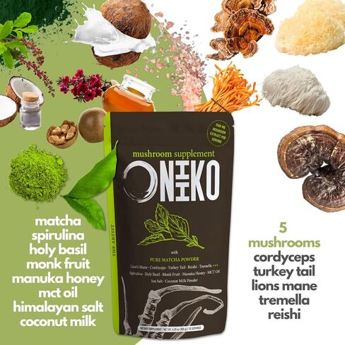 ONIIKO Mushroom Supplement with Turmeric +++ 5 Functional Mushroom Extracts (1500mg/Serving), 1-Month Supply (30 x 6g Servings) / (6.35oz / 180g, Mushroom Extracts with Turmeric) in Saudi Arabia