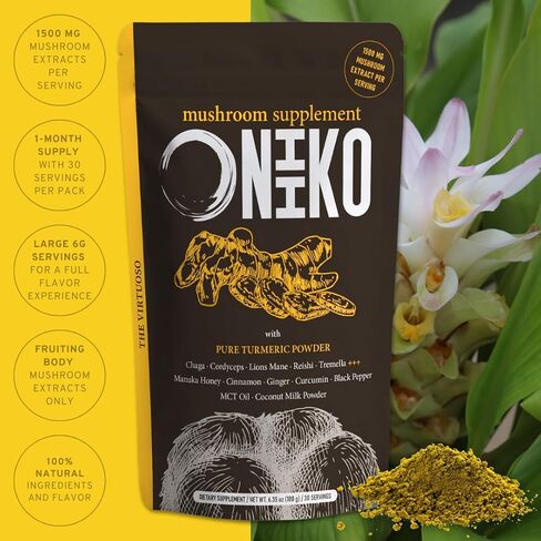 ONIIKO Mushroom Supplement with Turmeric +++ 5 Functional Mushroom Extracts (1500mg/Serving), 1-Month Supply (30 x 6g Servings) / (6.35oz / 180g, Mushroom Extracts with Turmeric) in Saudi Arabia