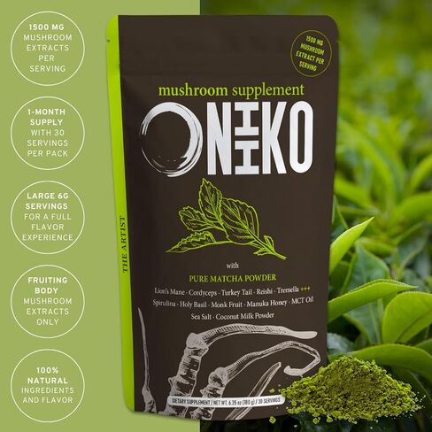 ONIIKO Mushroom Supplement with Turmeric +++ 5 Functional Mushroom Extracts (1500mg/Serving), 1-Month Supply (30 x 6g Servings) / (6.35oz / 180g, Mushroom Extracts with Turmeric) in Saudi Arabia