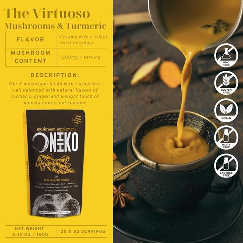 ONIIKO Mushroom Supplement with Turmeric +++ 5 Functional Mushroom Extracts (1500mg/Serving), 1-Month Supply (30 x 6g Servings) / (6.35oz / 180g, Mushroom Extracts with Turmeric) in Saudi Arabia