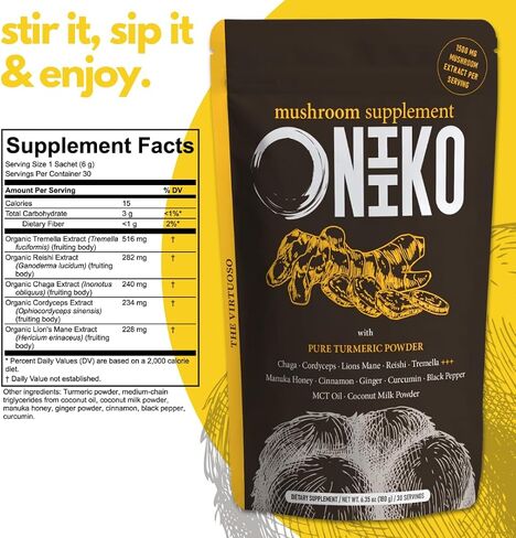 ONIIKO Mushroom Supplement with Turmeric +++ 5 Functional Mushroom Extracts (1500mg/Serving), 1-Month Supply (30 x 6g Servings) / (6.35oz / 180g, Mushroom Extracts with Turmeric) in Saudi Arabia