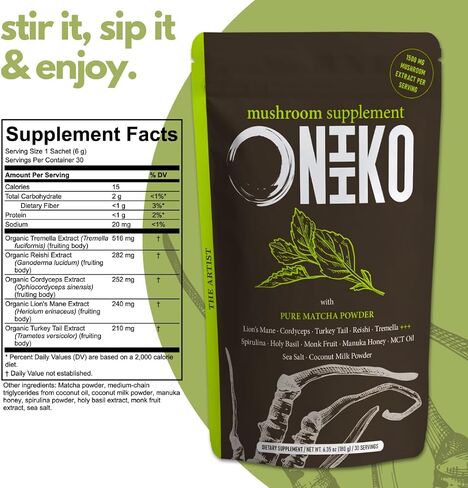 ONIIKO Mushroom Supplement with Turmeric +++ 5 Functional Mushroom Extracts (1500mg/Serving), 1-Month Supply (30 x 6g Servings) / (6.35oz / 180g, Mushroom Extracts with Turmeric) in Saudi Arabia