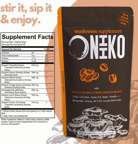ملحق Oniiko Mushroom مع الكركم +++ 5 مستخلصات فطر وظيفية (1500 ملجم / وجبة) ، إمدادات مدتها شهر واحد (30 × 6G حصة) / (6.35 أوقية / 180 جم ، مقتطفات الفطر مع الكركم) in Saudi Arabia