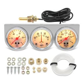 Triple Gauge Set – Oil Pressure (0-100PSI), Ammeter (-60 to 60AMP), Water Temp (100°F-280°F) with Sensors, 2" 52mm AUTO 3 Gauge Cluster Set Kit