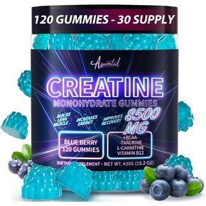 Creatine Monohydrate Gummies Complex 8500 MG for Men & Women, Creatine Monohydrate Supplement for Muscle Growth, Strength & Energy Support, Pre Workout Gummies 120 Count Blueberry
