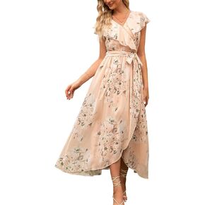 BerryGo Women's Wedding Guest Ruffle Maxi Dress Wrap Maternity V Neck Bridesmaid Long Flowy Party Dress Apricot S