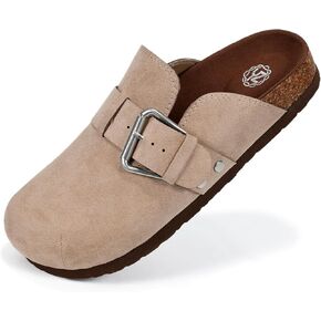 YZ Women's Leather Clogs Mules Adjustable Buckle Slip on Cork Footbed Home Clog Slippers with Arch Support