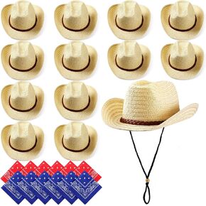 SATINIOR 12 Set Straw Cowboy Caps and Bandanas Cowboy Party cap Costume Head Bandana Bulk Western Accessories(Beige, Braided Trim Style)