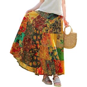 Boho Women Printed Cotton Linen Maxi Skirt Casual Patchwork Skirt Beach Travel Outfit