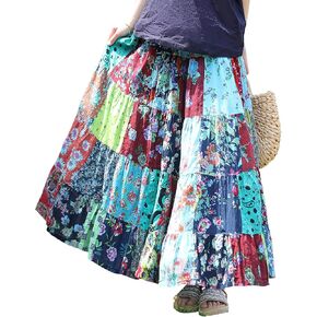 Boho Women Printed Cotton Linen Maxi Skirt Casual Patchwork Skirt Beach Travel Outfit in Kuwait