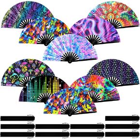 Pinkunn 10 PCS UV Glow كبير معجبين بطي كبير مع ضلوع الخيزران وحرف Ravebow Hand Fan For Drag Queen Dance Music Festival Party Gifts (Classic)