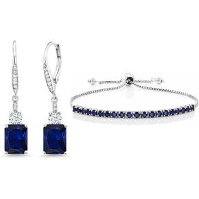 Gem Stone King 2.50 Cttw Blue Sapphire Tennis Bracelet and 9x7mm Blue Created Sapphire Drop Dangle Earrings for Women | 925 Sterling Silver | Fine Jewelry Gifts for Her | Adjustable Bolo Bracelet