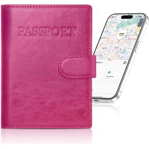 Auskang Gifts for Dad Passport Holder Passport Cover With Smart Tracker Adapted With Find My APP RFID-Blocking Wallet for Travel Leather Minimalist Design(Pink)
