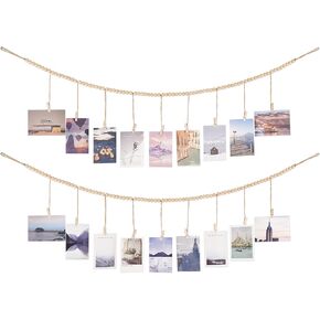 Dahey Macrame Hanging Photo Display Wall Decor 2 Pack Boho Photo String with 9 Clips Collage Picture Frame Wooden Beads Garland Card Holder for Dorm Bedroom Living Room Christmas Decor Teen Girl Gifts