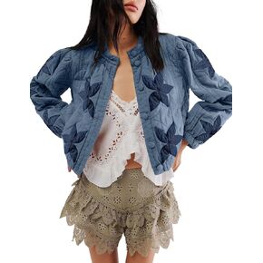 Women’s Floral Quilted Puffer Jacket Lightweight Cropped Embroidered Button Down Jacket Padded Coats with Pockets