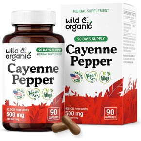 Wild & Organic Cayenne Pepper Capsules 500 mg - Digestive Support - Pure Cayenne Pepper Extract - Capsaicin Powder Supplement - Vegan, No Fillers, Non-GMO - 90 Count