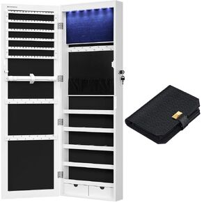 SONGMICS 6 LEDs Mirror Jewelry Cabinet Bundle with 3 Watch Travel Case, 47.2-Inch Tall Jewelry Armoire Organizer with Mirror, Portable Watch Storage Organizer, White UJJC93W and Ink Black UJWB018B01