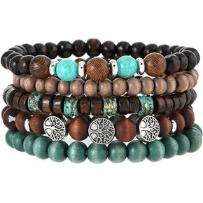 Bracelets for women Tree of Life Handmade Beaded Bracelet Set - 5-Piece stackable Multi-Layer Wooden Bead and Lava Stone Bracelet for Men and Women - Beaded Jewelry Gift